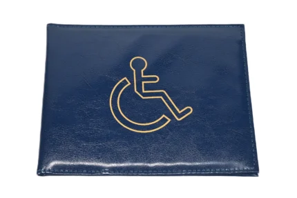 Front view of PU disability certificate holder OEM SKU 8941 showing accessibility-symbol cover artwork
