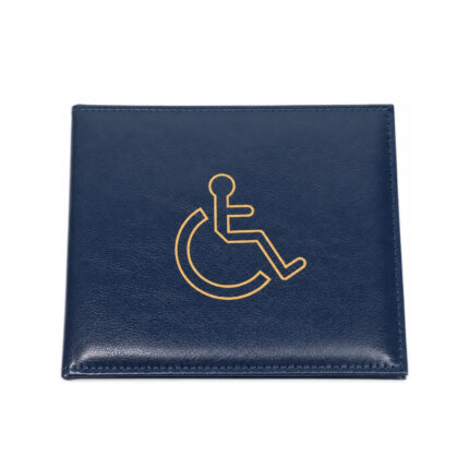 Blue folding holder with a gold-tone wheelchair symbol and stitched border — PU leather, SKU 8941