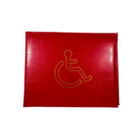 Red version of the holder with gold-tone wheelchair symbol — PU leather, SKU 8941
