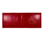 Red holder opened flat to show plain back and symbol-marked front exterior — PU leather, SKU 8941