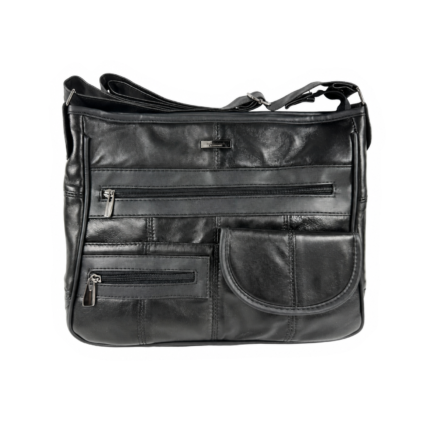 Front view of black bag with layered zip-and-flap arrangement — Sheepskin leather, SKU 8991