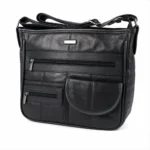 Multi-pocket sheepskin shoulder bag OEM SKU 8991 with black leather body, long front zipper pocket, rounded patch pocket, and strap