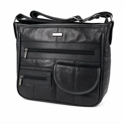 Multi-pocket sheepskin shoulder bag OEM SKU 8991 with black leather body, long front zipper pocket, rounded patch pocket, and strap