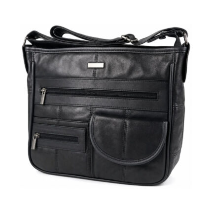 Black shoulder bag with long front zip and asymmetric lower flap and zip — Sheepskin leather, SKU 8991