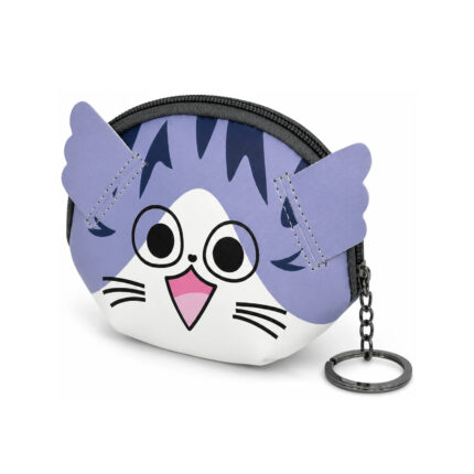 Lavender cat-face purse with raised ears and chain-mounted ring — PU leather, SKU 9070