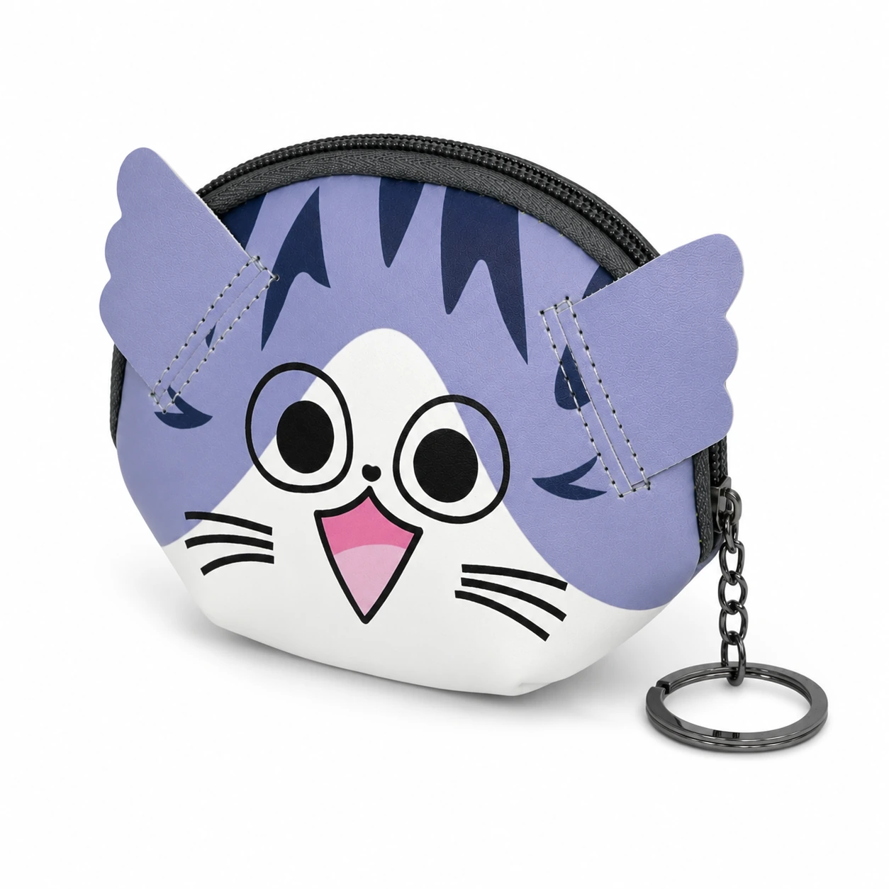 9070-coin-purses-pu-14x10x4-main PU cat coin purse OEM SKU 9070 with lavender dome body, cartoon face artwork, keyring attachment, and top zipper