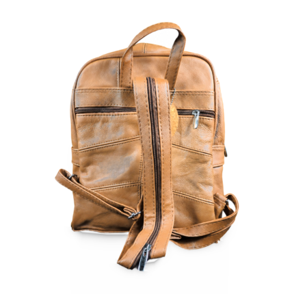 Back of the tan backpack showing horizontal zip, top handle and joined shoulder-strap sections — Cowhide leather, SKU 9573