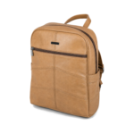 Tan cowhide backpack with angular front seams and a horizontal upper zip — Cowhide leather, SKU 9573