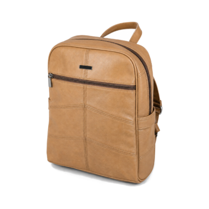 Tan cowhide backpack with angular front seams and a horizontal upper zip — Cowhide leather, SKU 9573