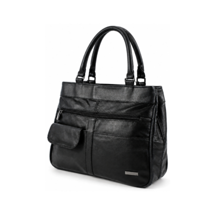 Black twin-handle tote with offset front flap and horizontal zipper — Cowhide leather, SKU 976FB