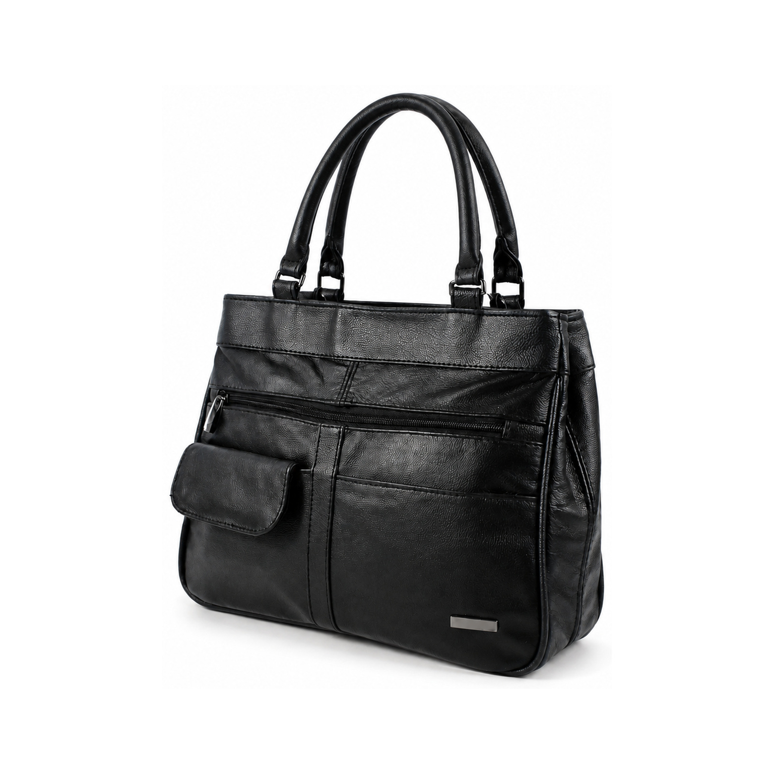 976fb-main Black twin-handle tote with offset front flap and horizontal zipper — Cowhide leather, SKU 976FB