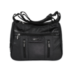 Front of the black bag with a central plaque and symmetric vertical zips — Sheepskin leather, SKU 9910