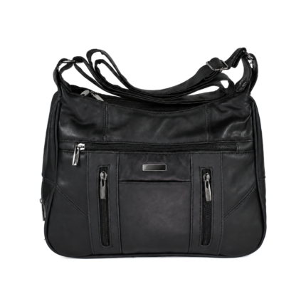 Front of the black bag with a central plaque and symmetric vertical zips — Sheepskin leather, SKU 9910