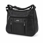 Dual-zip sheepskin shoulder bag OEM SKU 9910 with black rounded body, two vertical front zipper pockets, and shoulder strap