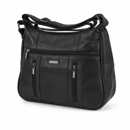 Dual-zip sheepskin shoulder bag OEM SKU 9910 with black rounded body, two vertical front zipper pockets, and shoulder strap