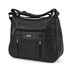 Black shoulder bag with twin vertical front zips below a long horizontal zip — Sheepskin leather, SKU 9910