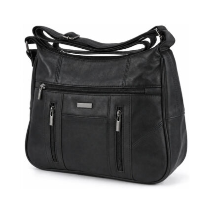Black shoulder bag with twin vertical front zips below a long horizontal zip — Sheepskin leather, SKU 9910