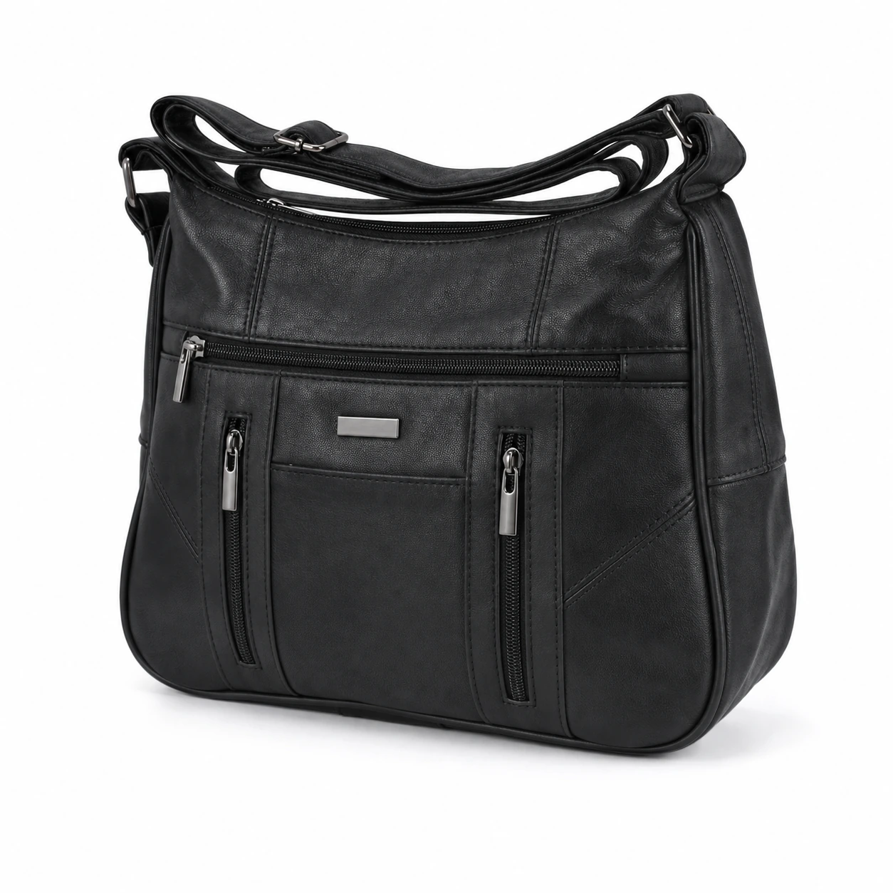 9910-shoulder-bags-sheepskin-27.5x21x10-main Dual-zip sheepskin shoulder bag OEM SKU 9910 with black rounded body, two vertical front zipper pockets, and shoulder strap