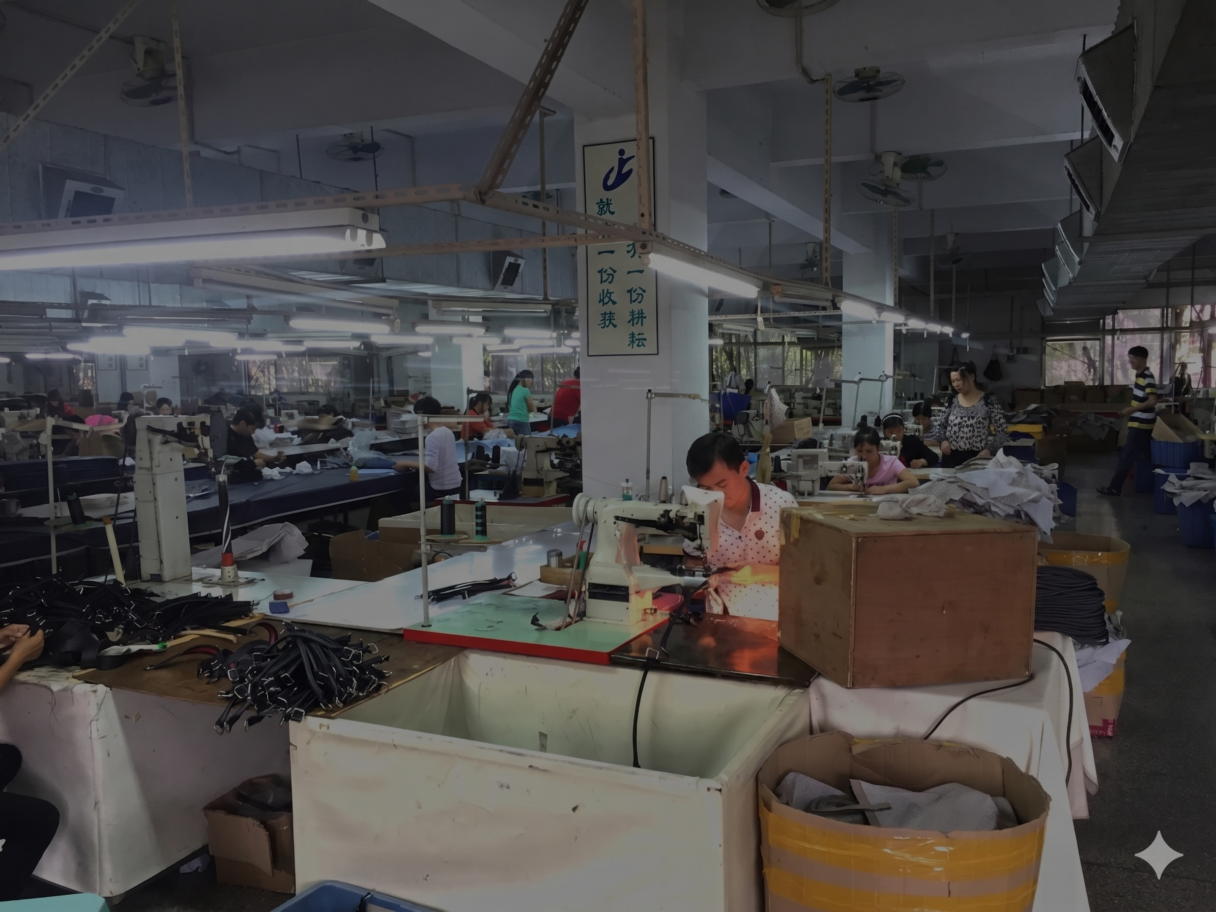 Rows of sewing machines inside the bag production workshop for OEM production follow-up.