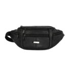 Close front of black waist bag with centre plaque and angled wing zips — Sheepskin leather, SKU L2541