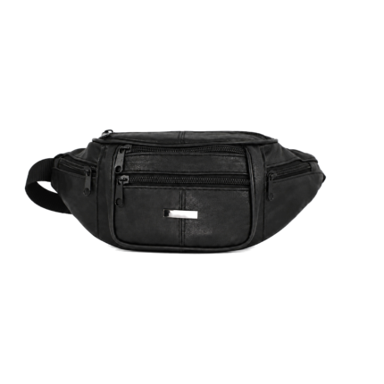 Close front of black waist bag with centre plaque and angled wing zips — Sheepskin leather, SKU L2541
