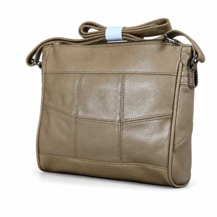 Taupe cowhide shoulder bag OEM SKU C3491 with rectangular body, square panel stitching, shoulder strap, and back zipper pocket