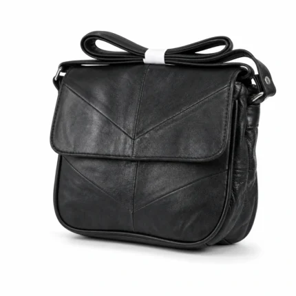 Sheepskin leather flap crossbody OEM SKU L124 with soft square body, V-shaped stitch detail, rear zipper pocket, and strap attachment points