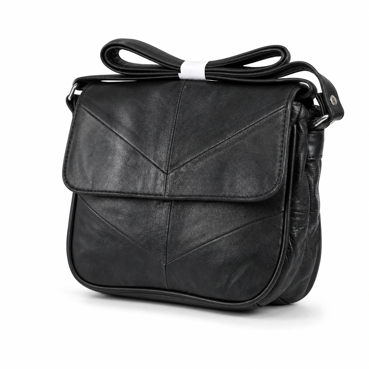 l124-crossbody-bags-sheepskin-22.5x18x7-main Sheepskin leather flap crossbody OEM SKU L124 with soft square body, V-shaped stitch detail, rear zipper pocket, and strap attachment points