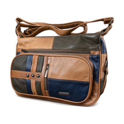 Colorblock sheepskin shoulder bag OEM SKU 19A with tan and navy patchwork panels, rounded front pocket, and shoulder strap