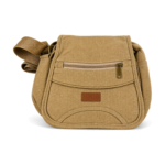 Polyester travel crossbody bag OEM SKU 2452 with tan fabric body, front zipper pocket, curved lower panel, and side depth