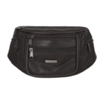 Genuine leather waist bag OEM SKU 2541 with slim curved body, multi-zip front, and webbing belt