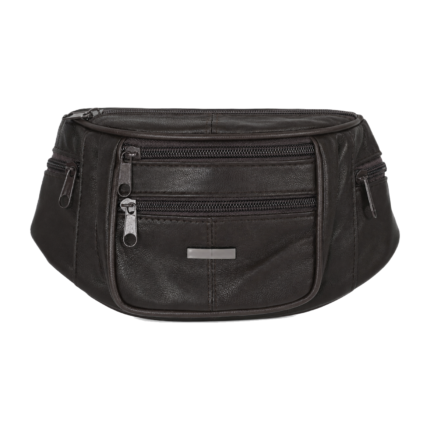 Genuine leather waist bag OEM SKU 2541 with slim curved body, multi-zip front, and webbing belt