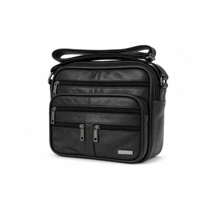 Multi-zip cowhide shoulder bag OEM SKU 276FB with compact black body, layered front zipper sections, and shoulder strap