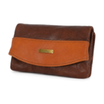 Patchwork Leather Flap Wallet OEM SKU 4164 with two-tone patchwork exterior, curved cognac flap band, and gold-tone metal plate