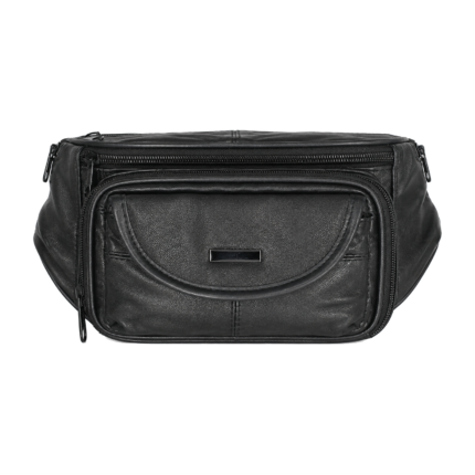 Genuine leather waist pack OEM SKU 4691 with long body, curved front pocket panel, and webbing belt