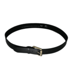 Black leather belt OEM SKU 3672 with punched holes, keeper loop, tapered tip, and roller-style buckle