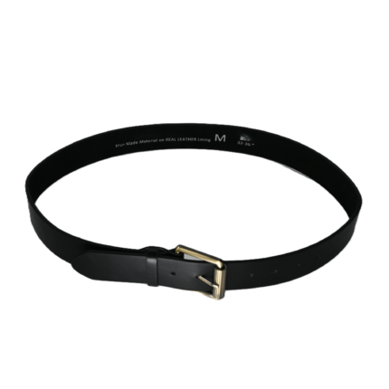 Black leather belt OEM SKU 3672 with punched holes, keeper loop, tapered tip, and roller-style buckle
