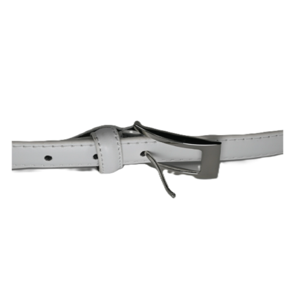 Light grey leather belt OEM SKU 3872 with punched holes, keeper loop, tapered tip, and angular silver-tone buckle