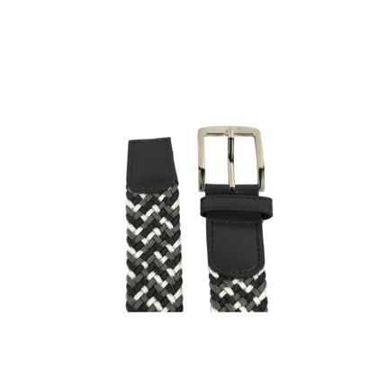 Black-white braided belt OEM SKU 6972 with leather tabs, stitched details, keeper area, and rectangular buckle