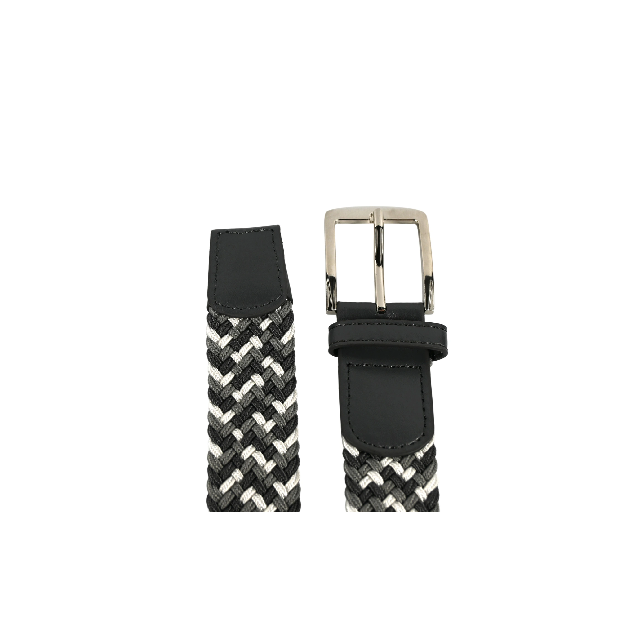 leather-belt-oem-6972-main Black-white braided belt OEM SKU 6972 with leather tabs, stitched details, keeper area, and rectangular buckle