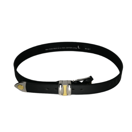 Black leather belt OEM SKU 7572 with punched holes, tapered tip, and two-tone decorative buckle detail