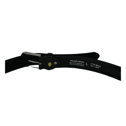 Classic black leather belt OEM SKU 7720 with stitched edge, keeper loop, punched holes, and silver-tone buckle