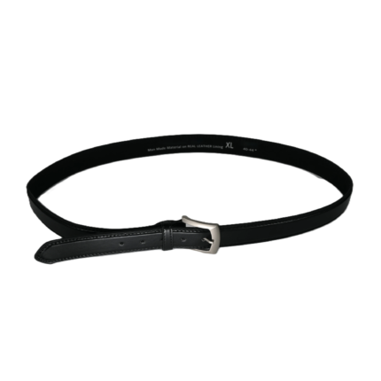 Black leather belt OEM SKU 9272 with curved silver-tone buckle, stitched edge, keeper loop, and punched holes