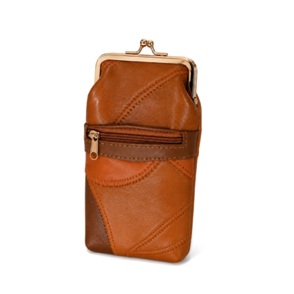 Brown panelled frame pouch with a gold-tone kiss lock and horizontal front zip — PU leather, SKU 1164