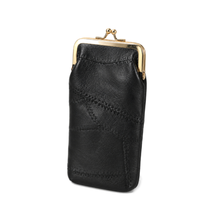 Tall black stitched pouch with gold-tone kiss-lock frame — PU leather, SKU 1764