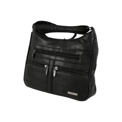 Angled black shoulder bag showing front zips and a narrow side gusset — PU leather, SKU 1785
