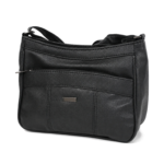 Black shoulder bag with curved front zipper and panel seams — PU leather, SKU 1885