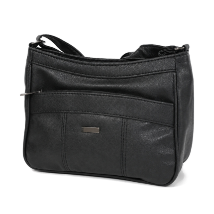 Black shoulder bag with curved front zipper and panel seams — PU leather, SKU 1885