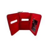 Opened red wallet with folding card-slot panels and clear window — Cowhide leather, SKU 2073