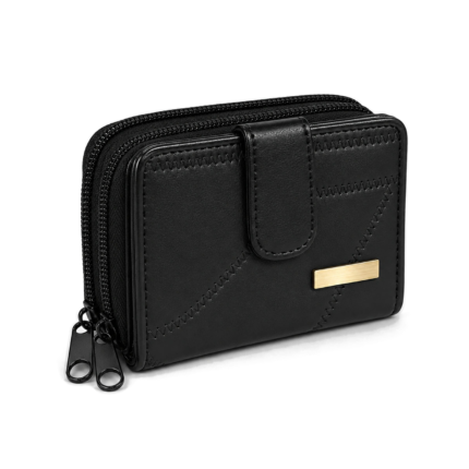 Black panel-stitched wallet with front tab and two zip pulls — Patchwork sheepskin leather, SKU 2164
